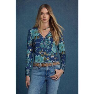 Johnny Was Janie Favorite Henley Peonee Long Blue Tee Floral Shirt Top Small NEW